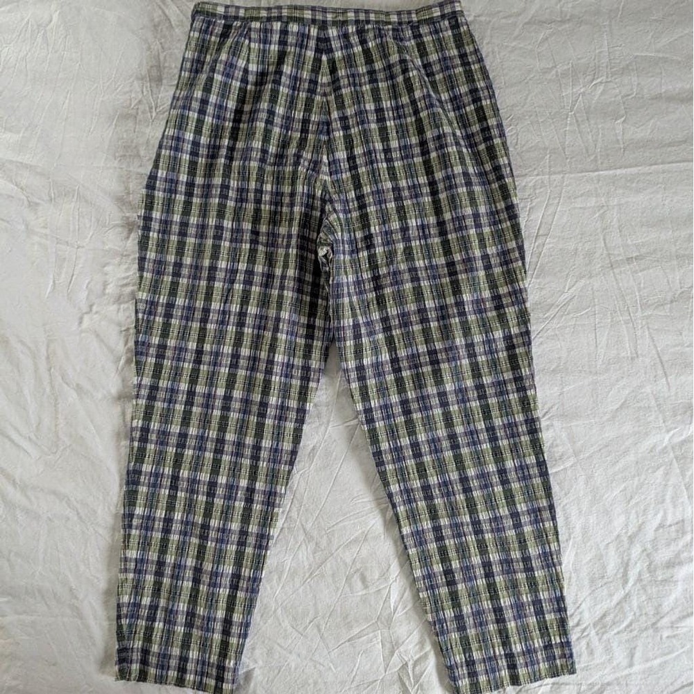 Vtg Express Plaid Pants Green Purple Textured Straight Leg Sz 1/12 Seersucker